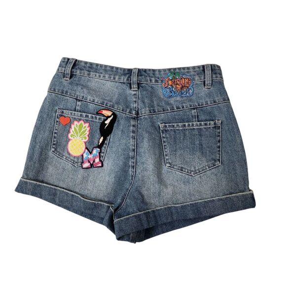 Manoush Denim Shorts Womens 8 Blue Cut-off Patchwork High-Rise Venice Beach Boho - Picture 2 of 12